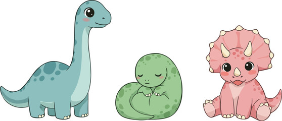 Cute cartoon dinosaurs brontosaurus egg triceratops © Marufin Art