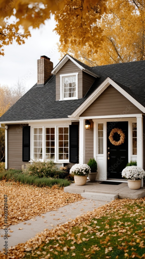 Poster this inviting house features classic architecture with a charming front porch and colorful foliage, 