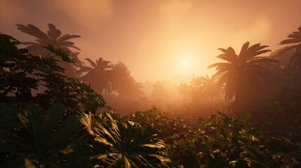 Lush tropical sunrise through dense foliage
