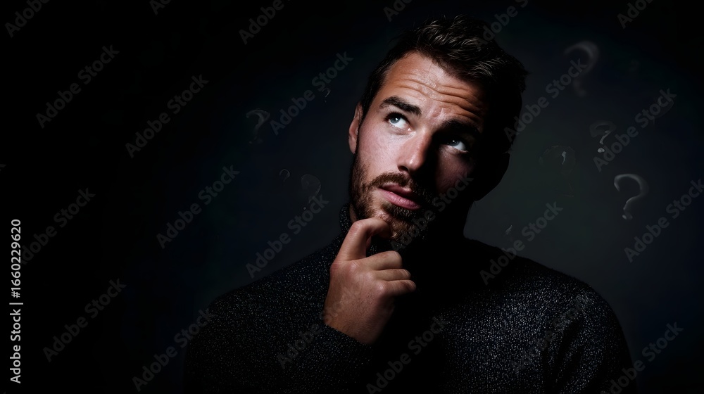 Poster man in deep thought with hand on chin surrounded by questions