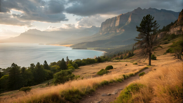 Majestic mountain range overlooking a serene lake and golden meadow at sunset with a winding dirt path Full HD 4K Video Download 2025 2026