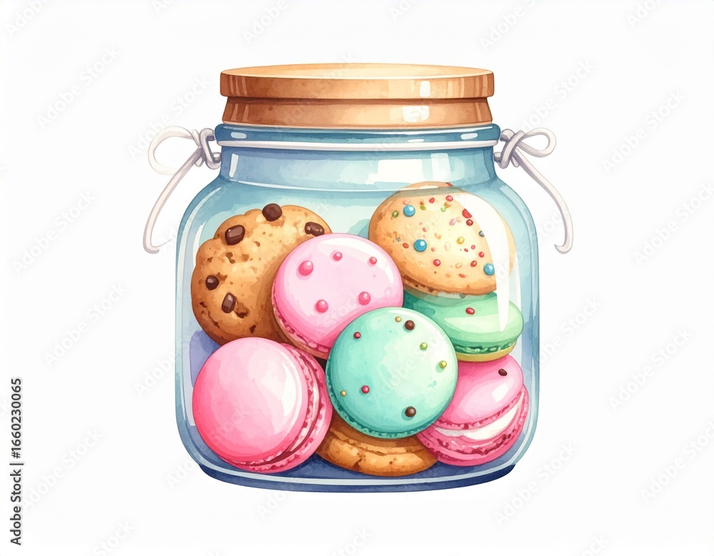 Poster a charming glass jar, filled with colorful cookies and macarons, displays a delightful array of swee