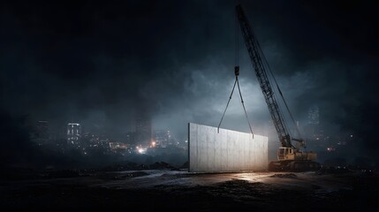 Crane lifting prefabricated wall panels in an urban zone with dramatic backlit lighting