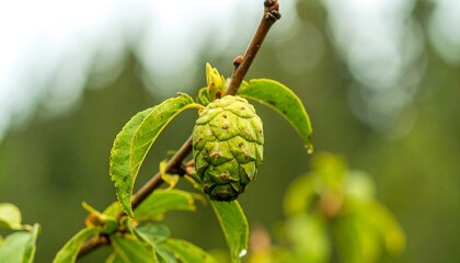 Close-up of a vibrant green fruit, textured with bumps, hanging from a branch with lush green leaves.