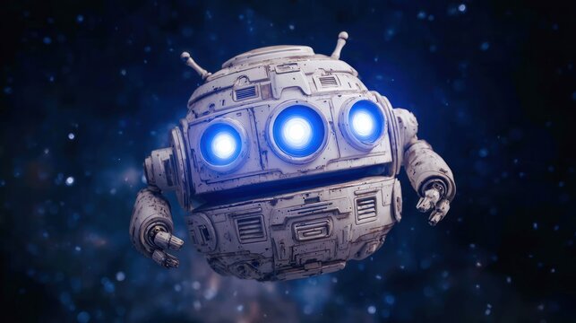 Round, white robot floats in space