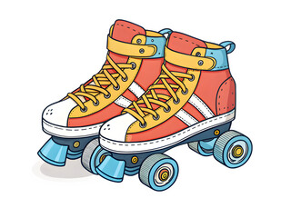 Retro roller skates with red and yellow high tops on a black background