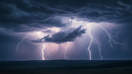 A dramatic lightning storm illuminates dark clouds over a vast landscape, creating a cinematic natural spectacle.