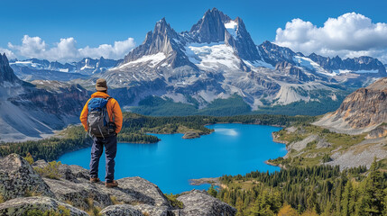 A traveler stands on rocks, enjoying the wide view of a bright blue mountain lake and tall snow covered peaks.