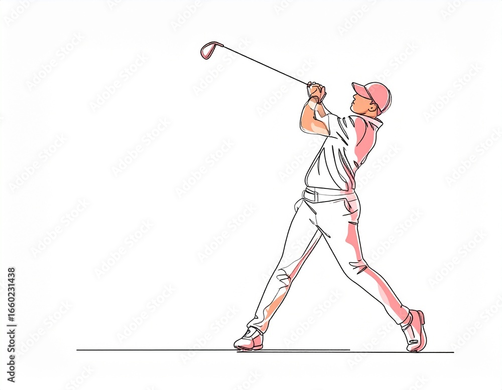 Poster a golfer in action, depicted in a single line drawing, showcasing the dynamic movement of the swing.