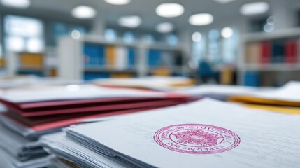 Medium shot showing a closeup of a Purge stamp on paper files blurred office desks and folders in the background for selective document destruction.