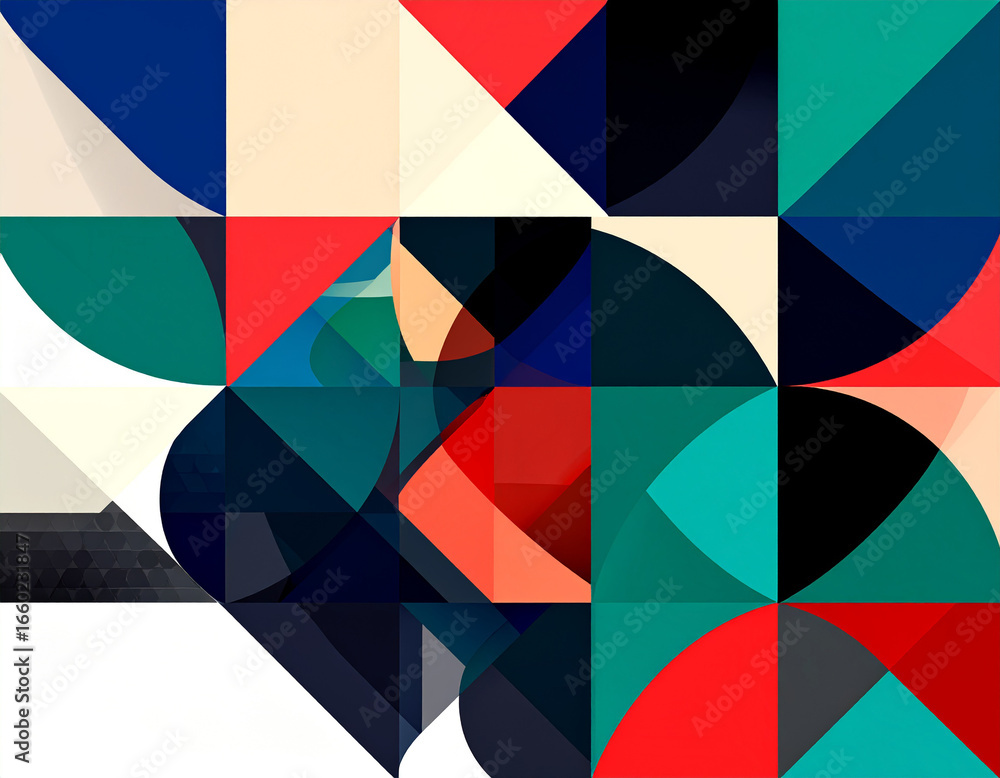 Poster a vibrant design composed of interlocking geometric shapes in bold, contrasting colors, creating a d