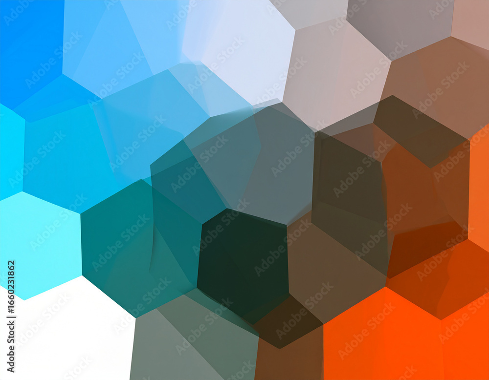 Poster a vibrant geometric pattern composed of overlapping hexagonal shapes, showcasing a blend of cool and
