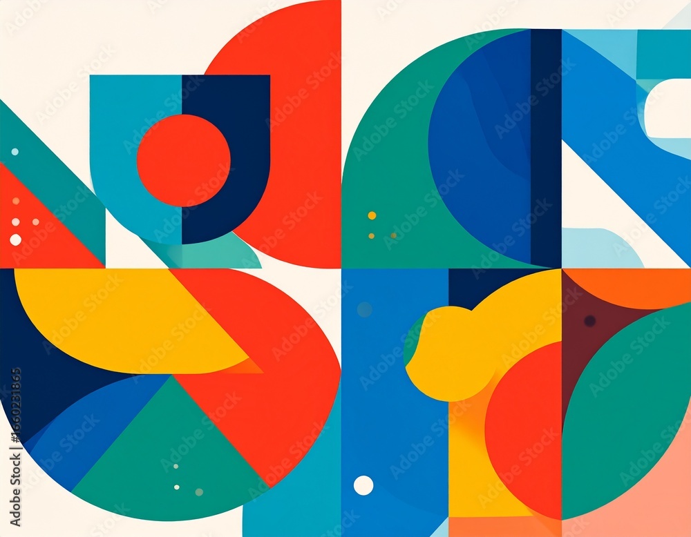 Poster vibrant geometric shapes form a dynamic, colorful composition of overlapping forms and bold hues.