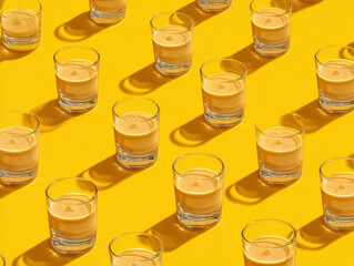 Pattern. Vibrant display of small glasses with coctails on a bright yellow background