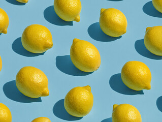 Pattern - Bright yellow lemons arranged on a light blue background create a vibrant and fresh display for culinary inspiration