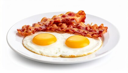 Delicious crispy bacon and two fried eggs served on a white plate for breakfast