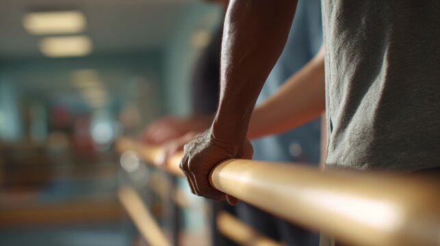 Medium shot of a patient using parallel bars to practice walking postinjury therapists supportive hand visible surroundings artistically out of focus for emphasis.