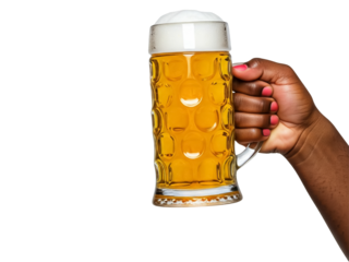 Girl holding a glass of beer in cheers gesture