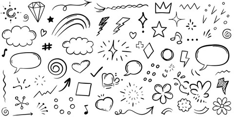 Collection of hand drawn doodle elements with arrows stars clouds and hearts
