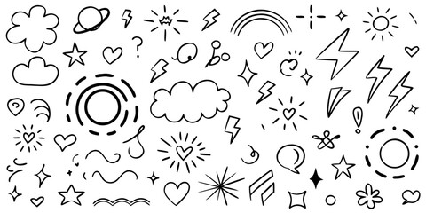 Collection of hand drawn doodle elements including clouds stars hearts lightning bolts and sun