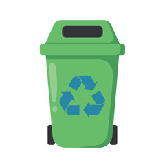 Green recycling bin with recycling symbol on white background