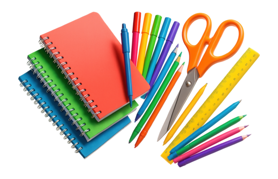 Bright school supplies arranged neatly for a back-to-school theme.