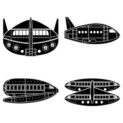 Four black and white drawings of futuristic airplanes from different perspectives on a white background