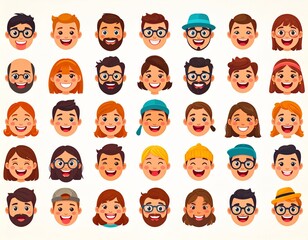 Fototapeta premium A collection of diverse cartoon faces, showcasing various expressions and hairstyles, set against a plain white background.
