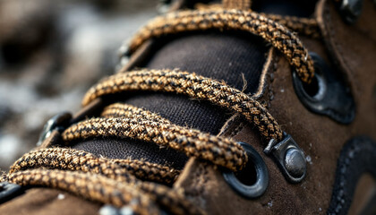 Fototapeta premium Close-up of a mountaineering boot lace highlighting texture, durability, and ruggedness. 
