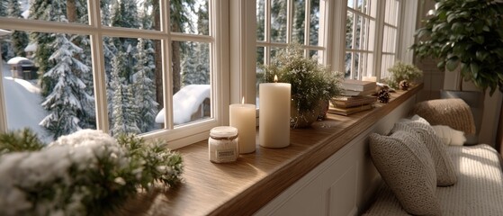 Soft candlelight flickers on a wooden ledge, enhancing the peaceful ambiance of the snowy forest outside in winter