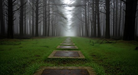 Ethereal forest path sunlight breaking through tall trees mysterious serene woodland journey