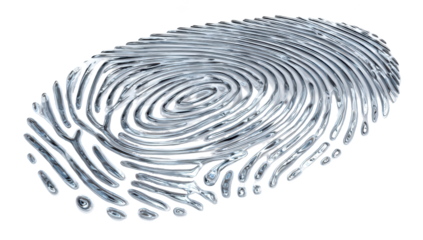 3D rendered, metallic-effect fingerprint on black backdrop, spirals & patterns