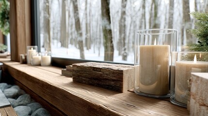 Soft candlelight flickers on a wooden ledge, enhancing the peaceful ambiance of the snowy forest outside in winter