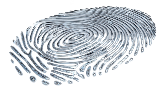 3D rendered, metallic-effect fingerprint on black backdrop, spirals & patterns