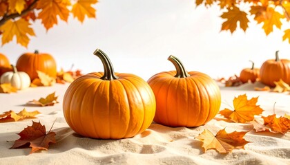 Two Halloween pumpkins on sand surrounded by fall leaves and gourds under soft white light
