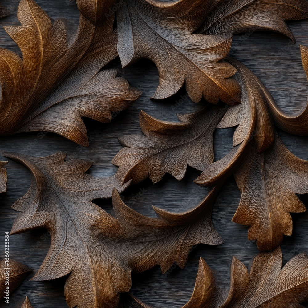 Poster ornate wood carvings feature elaborate leaf designs, creating a striking visual effect with texture 