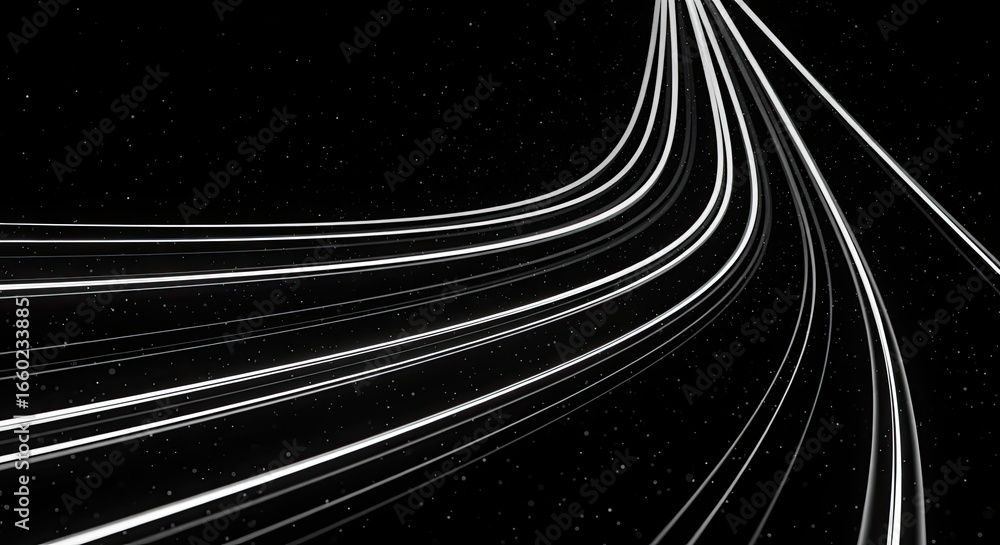 Poster a dynamic abstract design featuring flowing white lines against a black background, evoking a sense 