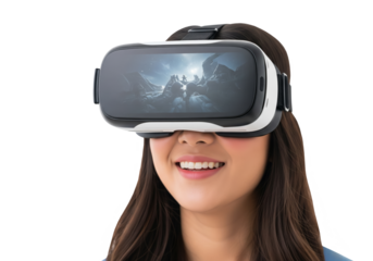 Smiling young woman experiencing immersive virtual reality adventure through VR headset, exploring digital worlds filled with excitement and wonder