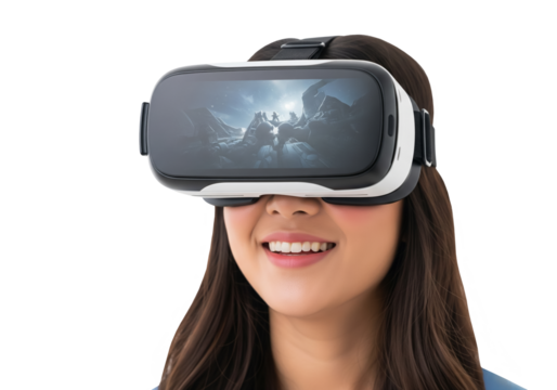 Smiling young woman experiencing immersive virtual reality adventure through VR headset, exploring digital worlds filled with excitement and wonder