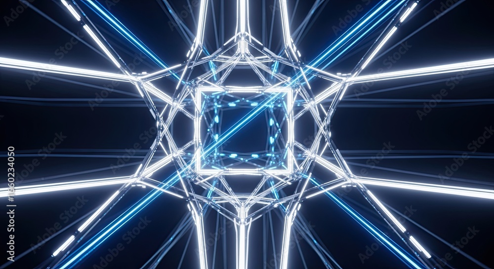 Poster a futuristic, abstract design featuring illuminated geometric shapes in a dark background, creating 