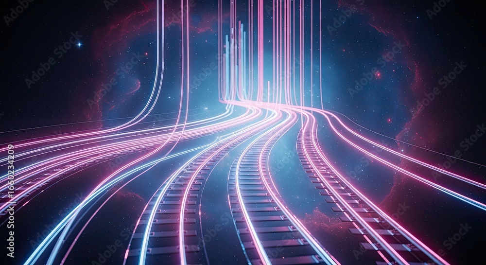 Poster an abstract representation of illuminated tracks leading into a vibrant cosmic space, creating a sen