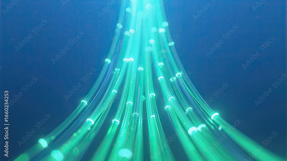 Poster a mesmerizing array of glowing fibers emits vibrant turquoise light, creating a sense of depth and f