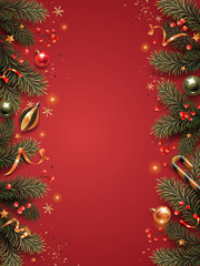 Vertical banner with gold and green Christmas symbols and text. Christmas tree, balls,  tinsel confetti and snowflakes on a red background.