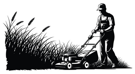 Vector art of silhouette of a farmer plowing a field with an ox, traditional farming method