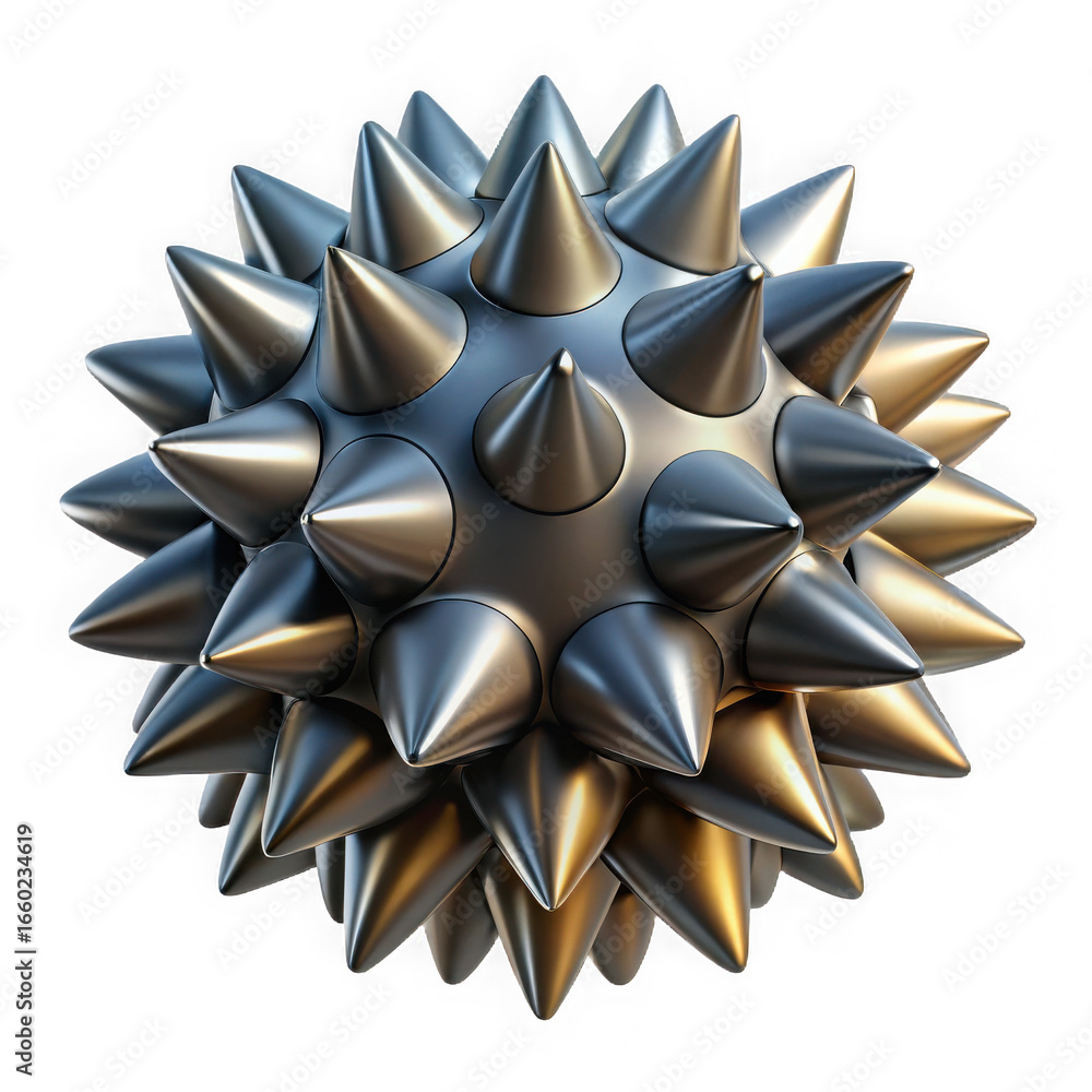 Poster close up of a metallic spiky sphere with sharp pointed projections reflecting light isolated on tran