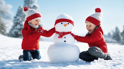 Two joyful children building a snowman together in winter, wearing red jackets and hats, surrounded by snow.