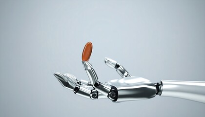 A metallic robot hand, detailed and polished, offers a small, brown object against a neutral backdrop.