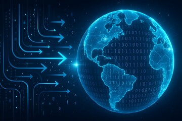 A blue globe with binary code and arrows pointing to it in space