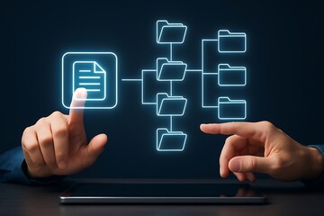 Hands interacting with digital file system on tablet screen in dark background
