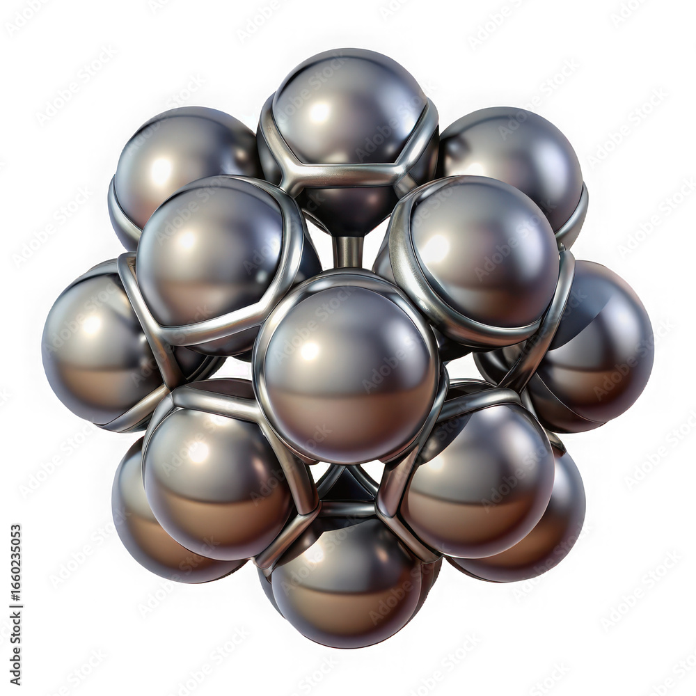 Poster abstract metallic sphere cluster forming a complex geometric structure isolated on transparent backg